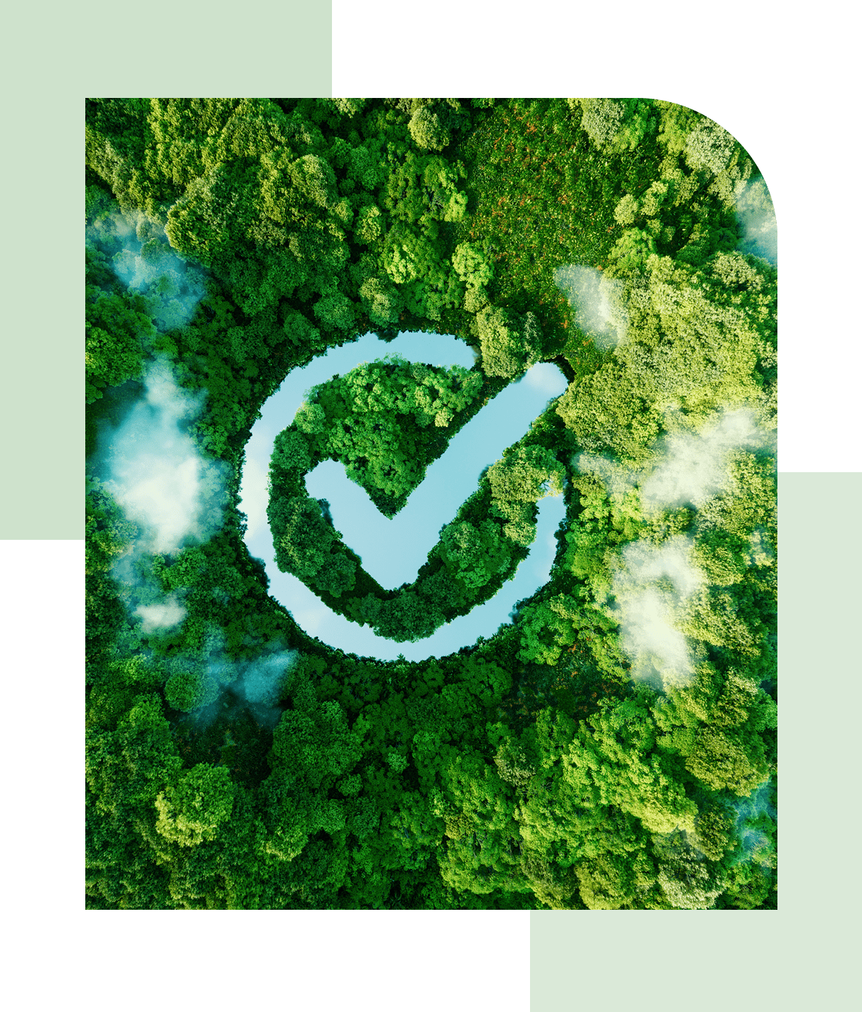 Top view of a green field with a checkmark shaped pond